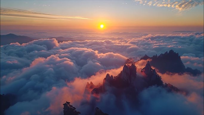 黄山迎客松日出云海风景风光航拍宣传片ai
