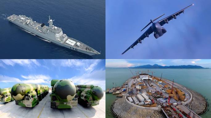 航母天眼跨海大桥施工现场战机机器狗复兴号