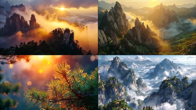 黄山迎客松日出云海风景黄山航拍宣传片ai