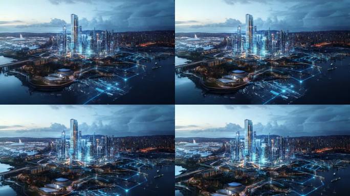 湖边城市清晨hud