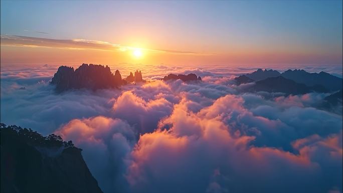 黄山迎客松日出云海风景风光航拍宣传片ai