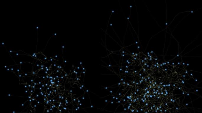 粒子轨迹：蓝色、金色，黑色背景