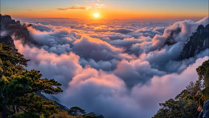 黄山迎客松日出云海风景风光航拍宣传片ai