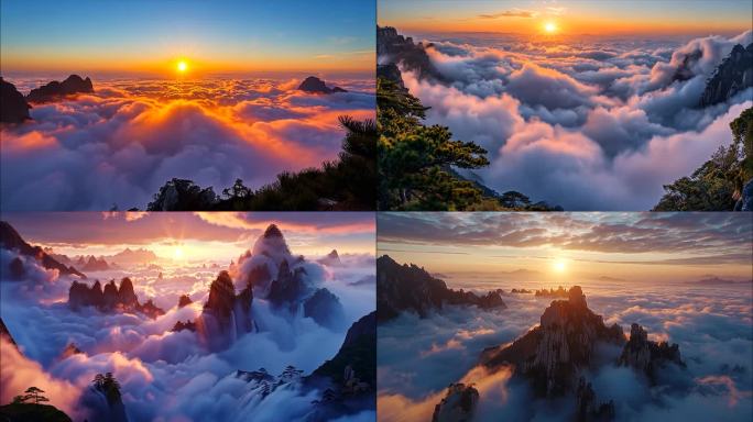 黄山迎客松日出云海风景风光航拍宣传片ai