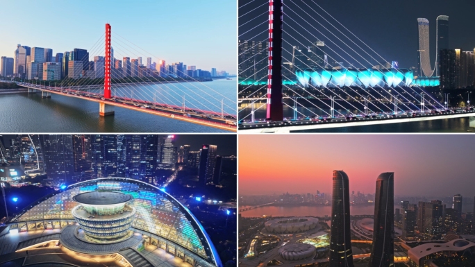 杭州夜景杭州日转夜航拍延时