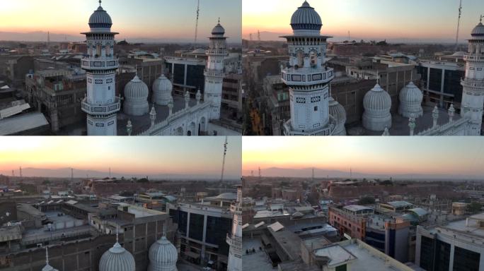 白沙瓦清真寺马哈巴特汗，巴基斯坦拍摄的航拍镜头。巴拉希萨尔堡和历史市中心。