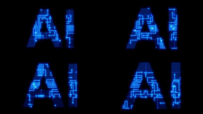 未来主义的蓝色矩阵数字垂直和水平电路线运动，右侧芯片上有“AI”字样，概念涉及人工智能、科技和网络人