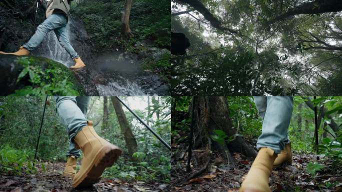 徒步脚步涉水拔山森林草地瀑布登山镐