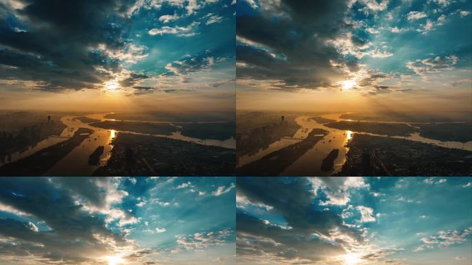 日出广州珠江入海口日出航拍延时