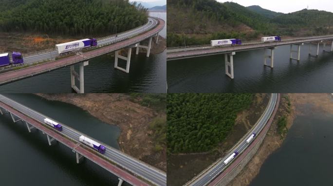 中通快运挂车行驶在水库旁的道路航拍