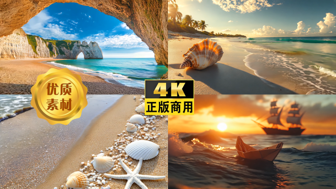4k唯美沙滩海浪海边浪花贝壳沙滩唯美空境