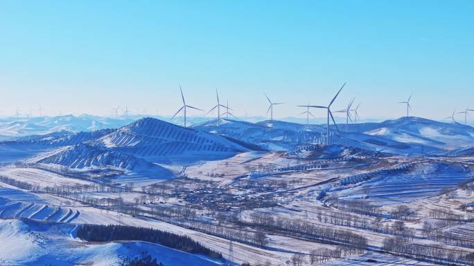 冬季承德丰宁坝上风电蓝天白云雪景航拍