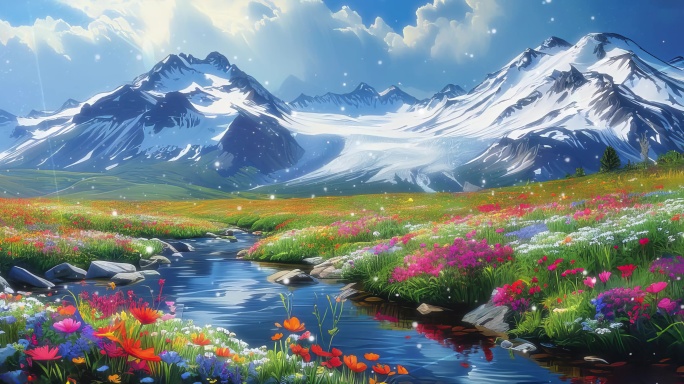8K雪山的融水滋养着山谷中的野花五