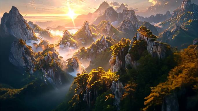 黄山迎客松日出云海风景黄山航拍宣传片ai