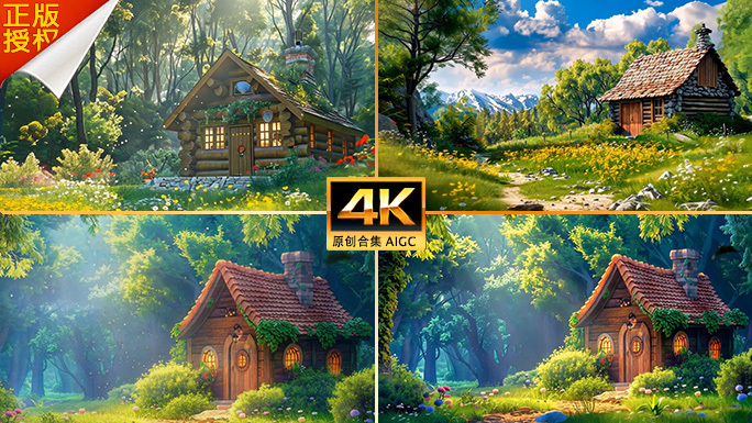 森林里的童话世界唯美乡村小屋动画片头背景