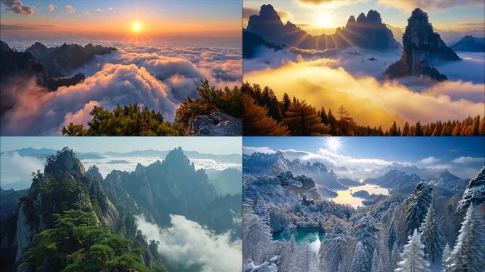 黄山迎客松日出云海风景黄山航拍宣传片ai