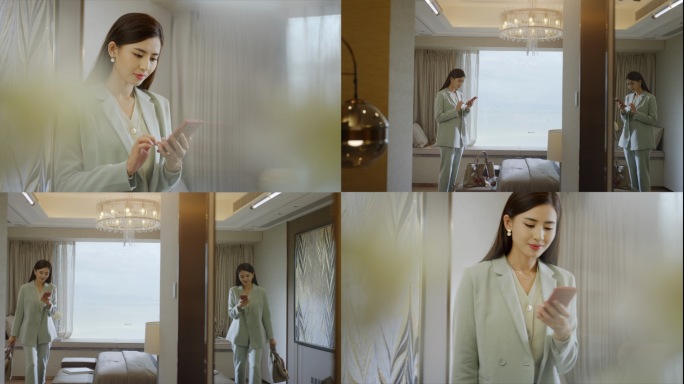 女人家中操作手机美女操作手机美女出门