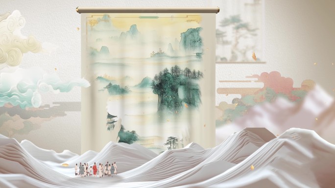 4K纸片山 卷轴片古风水墨中国风国画片头