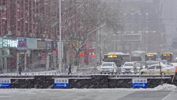 风雪街头暴雪行人过马路公交车等红灯冬天