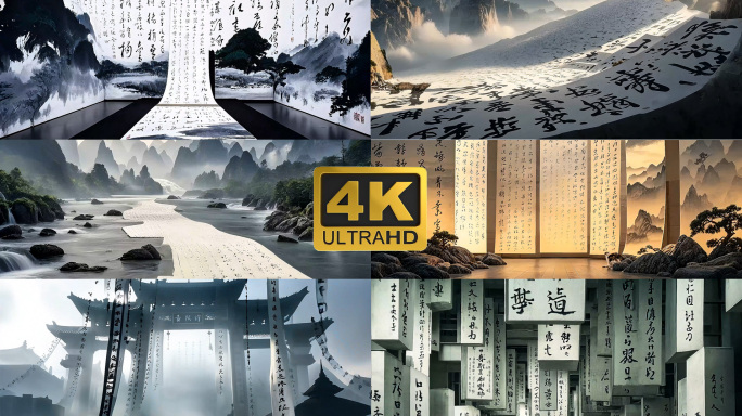 4K高清书卷国风水墨飞舞卷轴