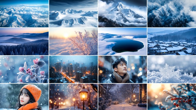 【4K】冬天雪景雪花城市街道下雪霜降合集