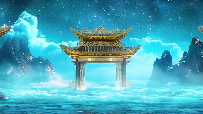 金色古风仙境舞台背景（带云流动的）