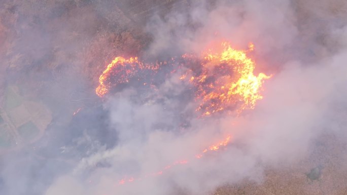 4K乡村野火烧秸秆农田大火浓烟航拍