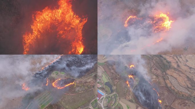 4K乡村野火烧秸秆农田大火浓烟航拍