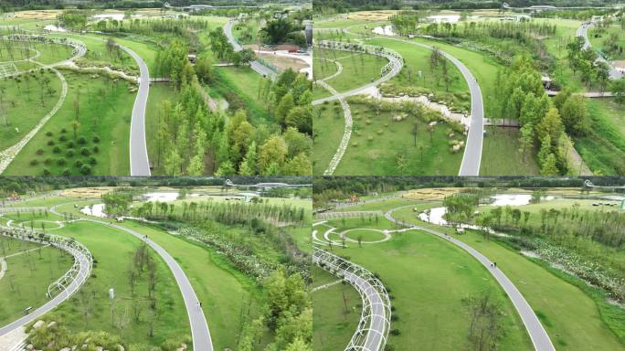 4K航拍湖北宜昌卷桥河湿地公园绿色风光