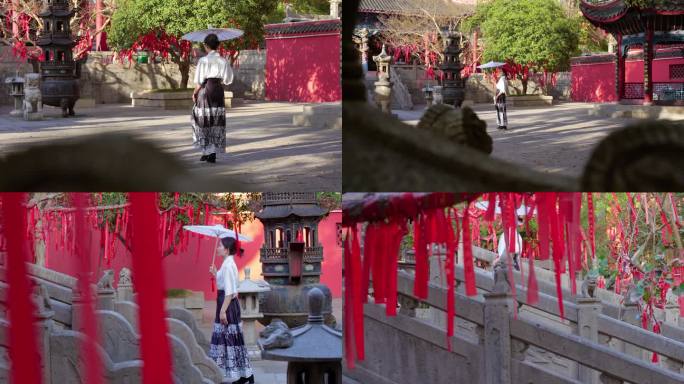 马面裙女人撑着纸扇走进寺庙遁入空门