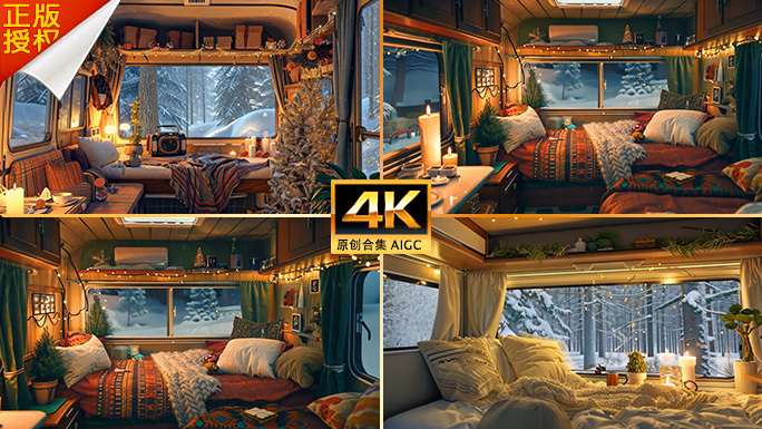 夜晚的温馨房车生活 唯美冬天下雪温暖旅途