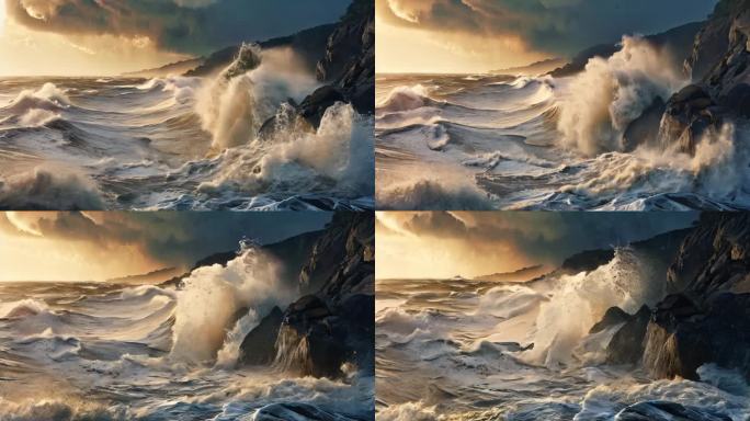 海浪大海乘风破浪海啸海洋巨浪升格夕阳11