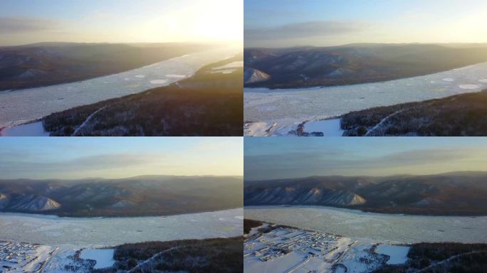 航拍黑龙江金满峡封江风光