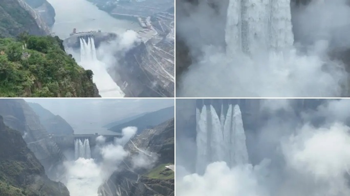 鸟瞰白鹤滩水电站大坝多空过流震撼场景