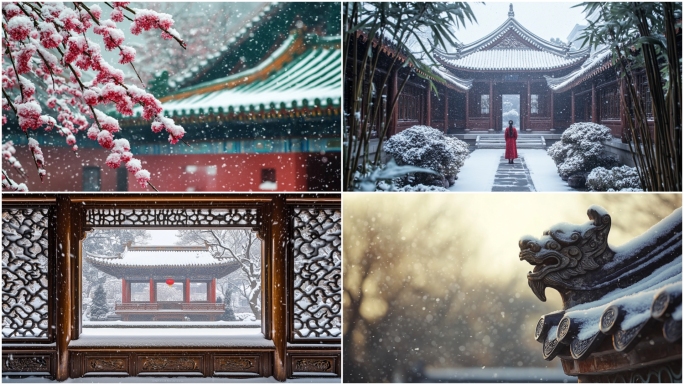 冬至下雪天古建筑雪景中国风冬天古风美景