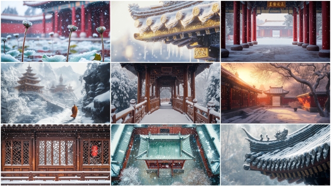 冬至下雪天古建筑雪景中国风冬天古风美景