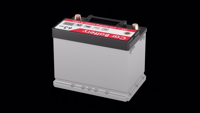 汽车电池旋转动画，无缝循环。3D渲染，透明背景下独立展示。