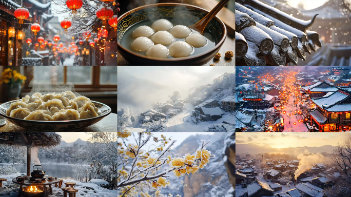 冬至雪景空镜节日氛围