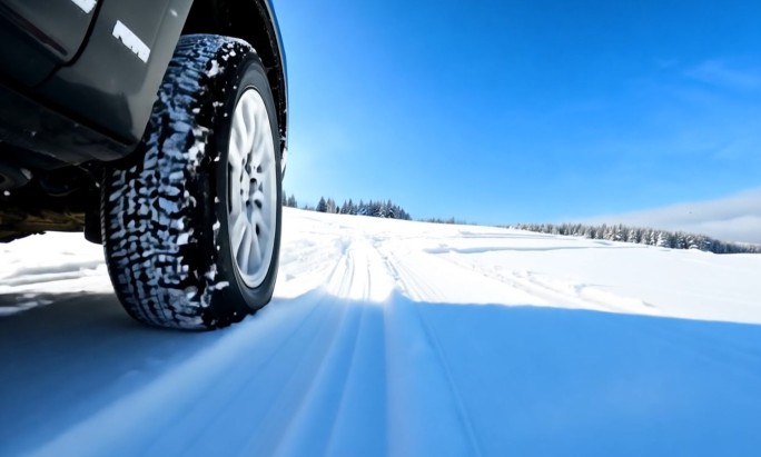 雪地上行驶的汽车车轮和轮胎特写 防滑性能