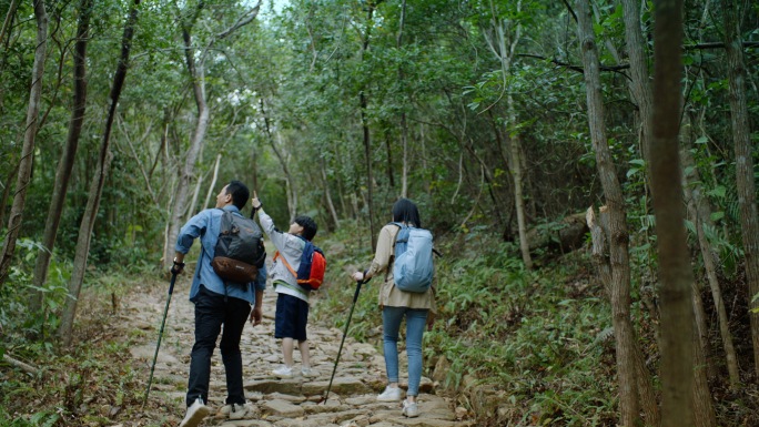 一家人登山登山探险徒步旅行
