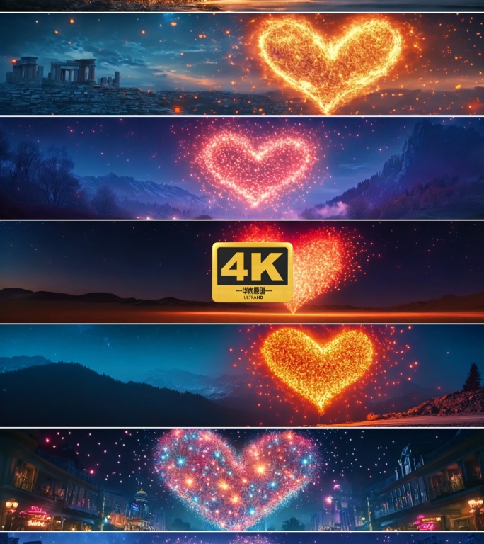 4k宽屏梦幻爱心烟花
