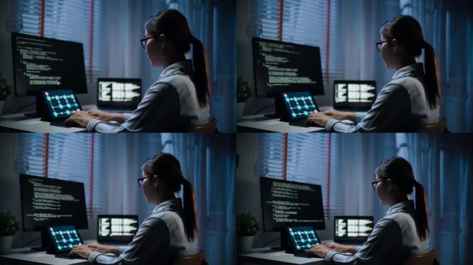 推轨镜头：女性程序员在显示编程语言代码行的屏幕上工作。