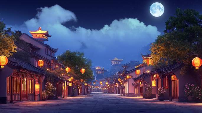 古代街道夜晚情景舞台背景