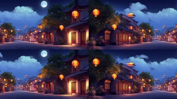 古代街道夜晚情景舞台背景