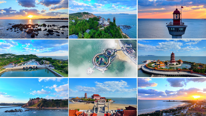 航拍中国山东烟台蓬莱仙岛海上日出灯塔