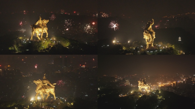 春节除夕夜泉州大坪山郑成功雕像与烟花