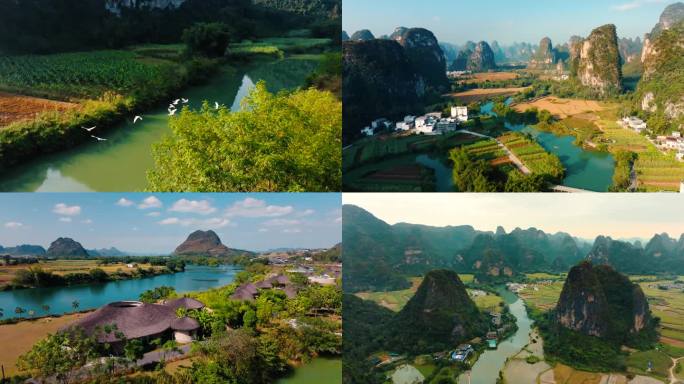 广西崇左桂林喀斯特地貌山水鸟风景航拍