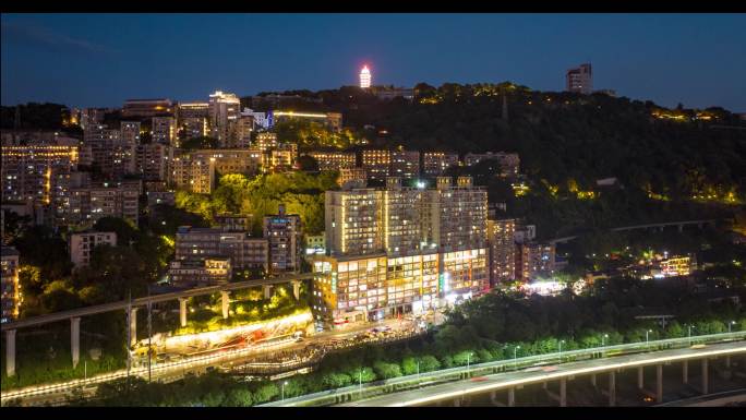 重庆李子坝轻轨站移动延时重庆蓝调夜景航拍