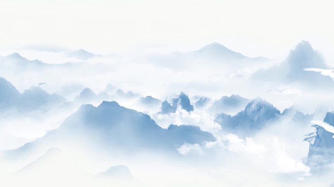 超长屏蓝色水墨山河图