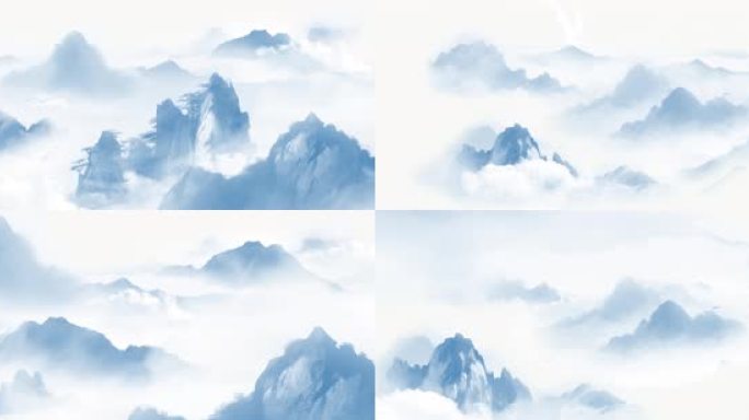 超长屏蓝色水墨山河图